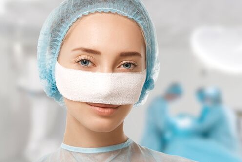 Bandage fixed on the nose during rehabilitation after rhinoplasty